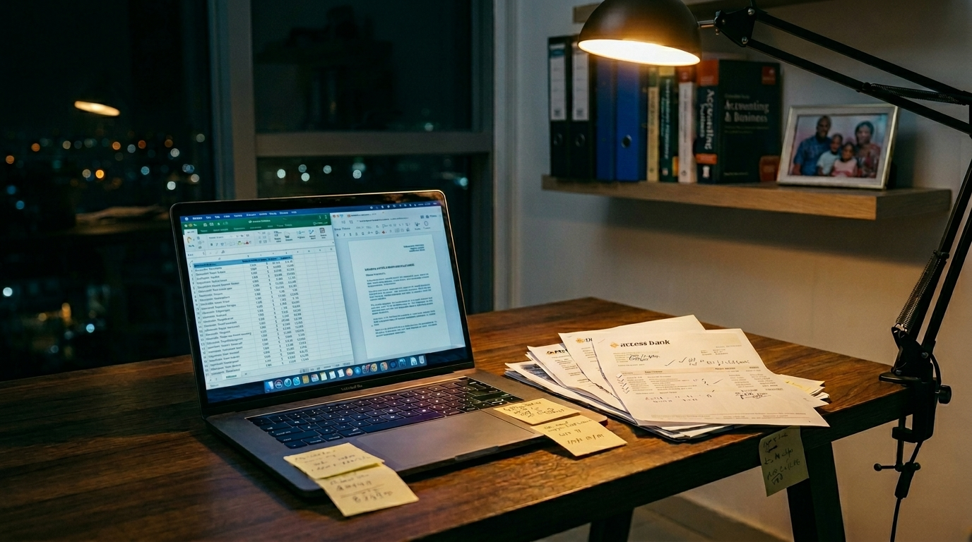 Bank statements and laptop on a desk at night